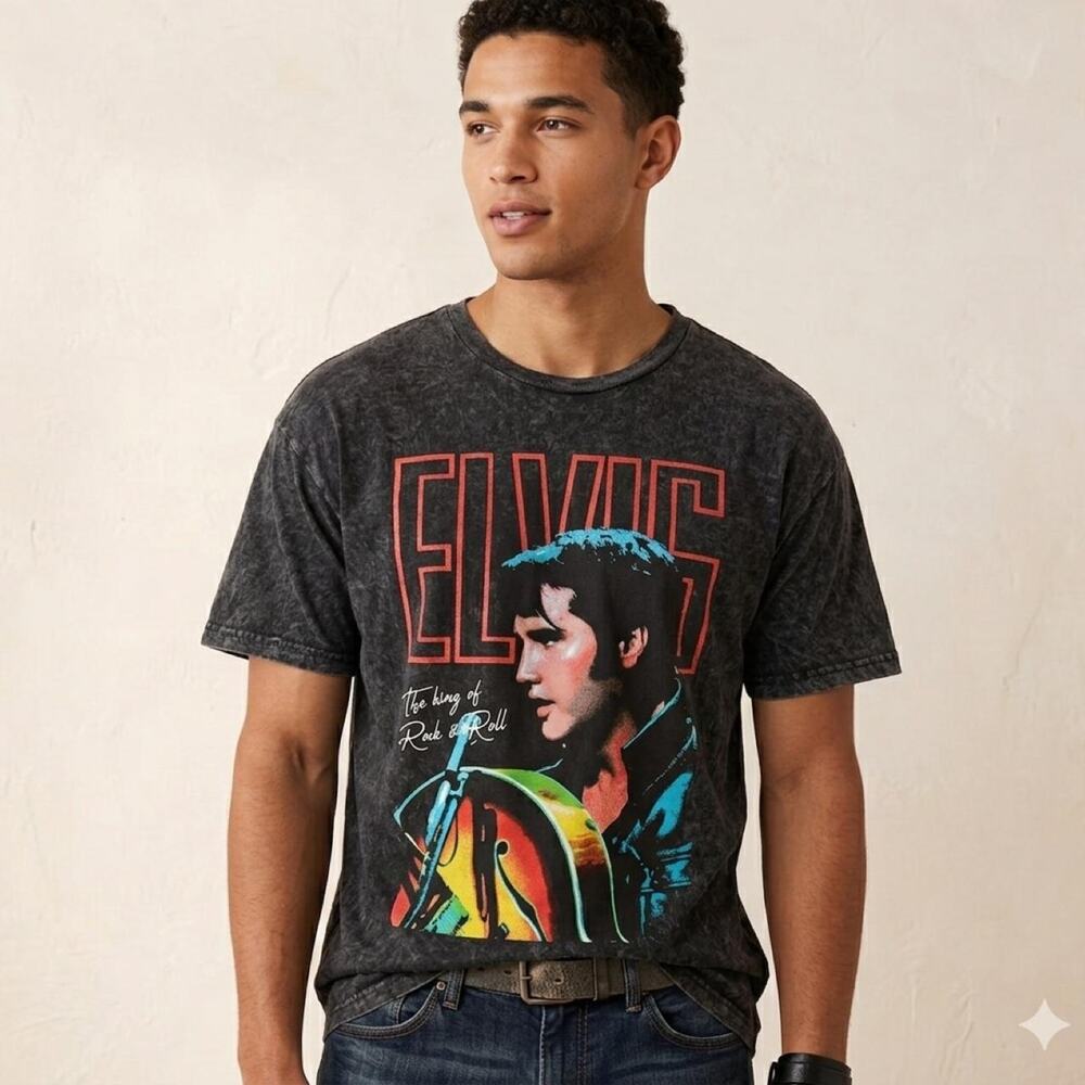 XL Elvis the King of Rock and Roll T-Shirt - Distressed Black
